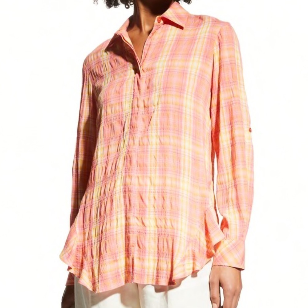 Finley Agatha Dreamcicle Plaid Crinkle Crepe Flounced Hem Button Down Shirt